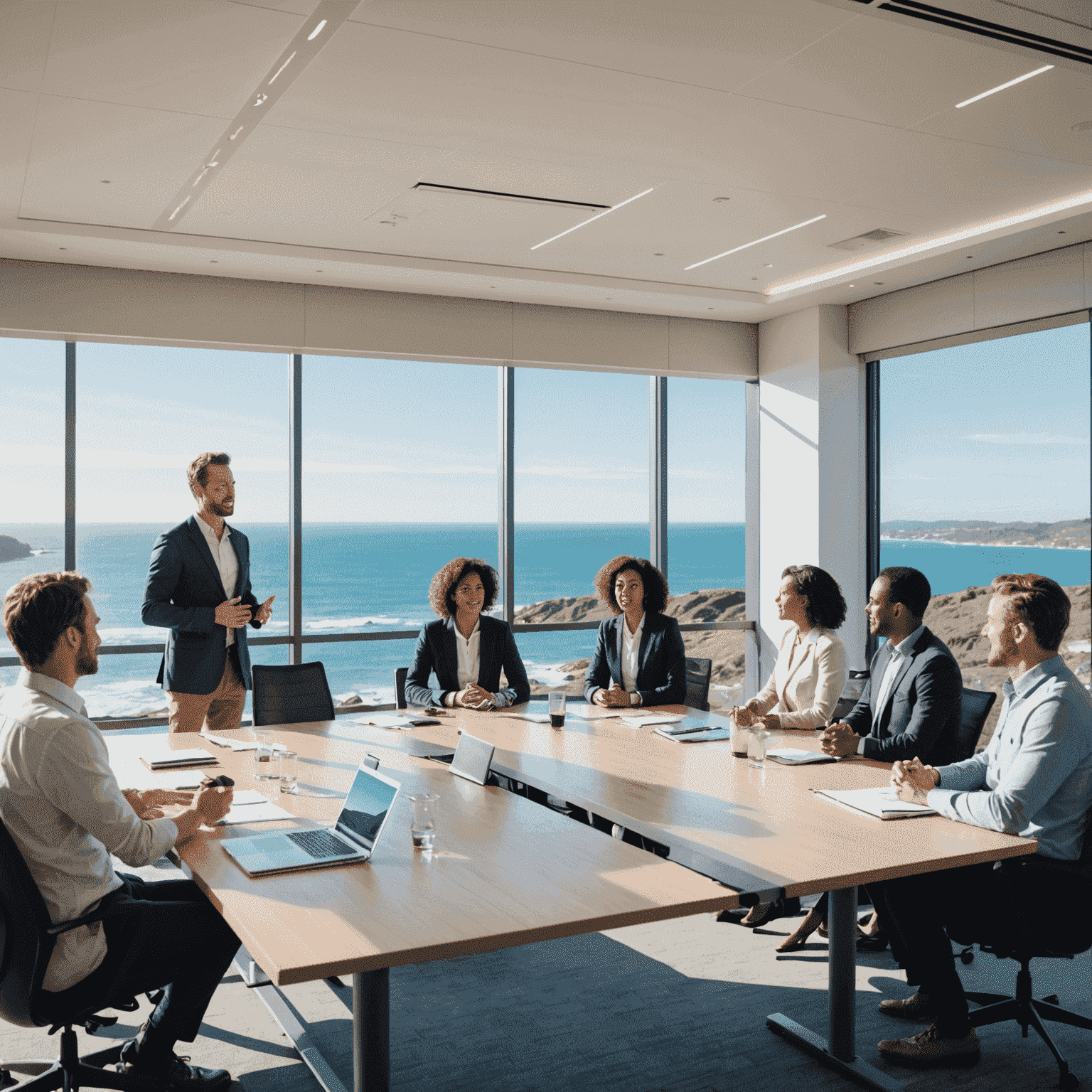 A group of diverse Australians practicing public speaking in a bright, modern conference room with coastal views