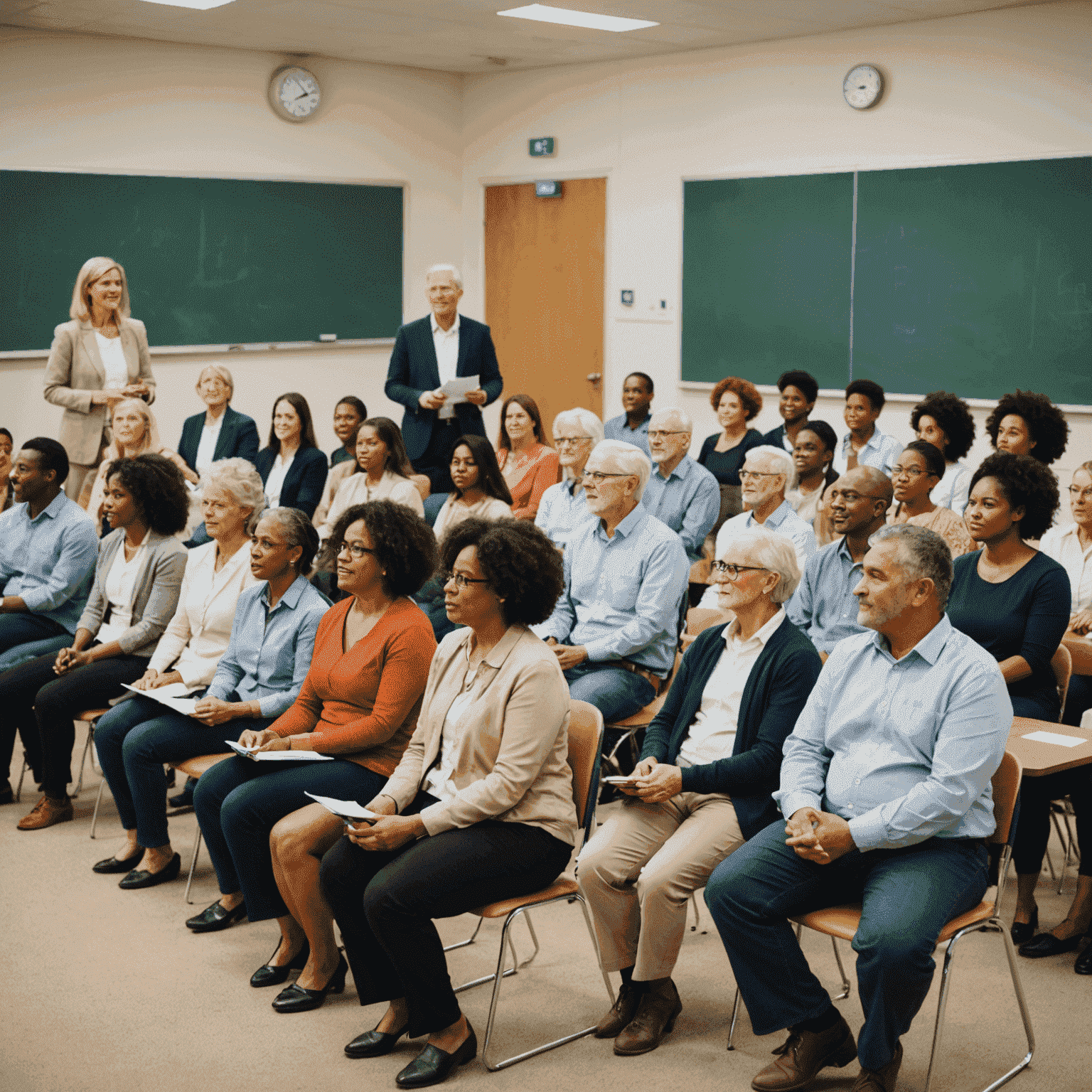 A diverse group of people practicing public speaking in a modern, bright Australian classroom setting. The image showcases individuals of various ages and backgrounds engaged in presentations, with supportive peers and a encouraging instructor.