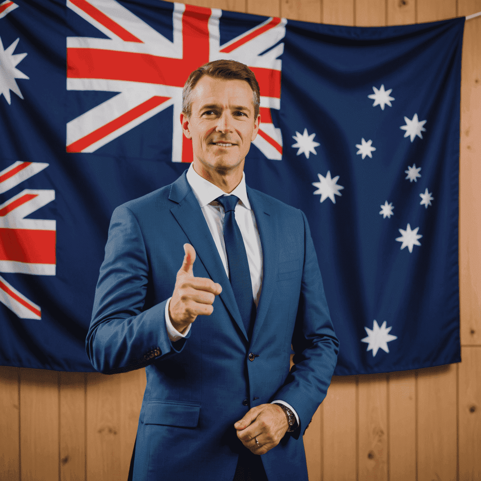 A confident speaker with an Australian flag backdrop, demonstrating proper posture and gestures typical in Australian public speaking