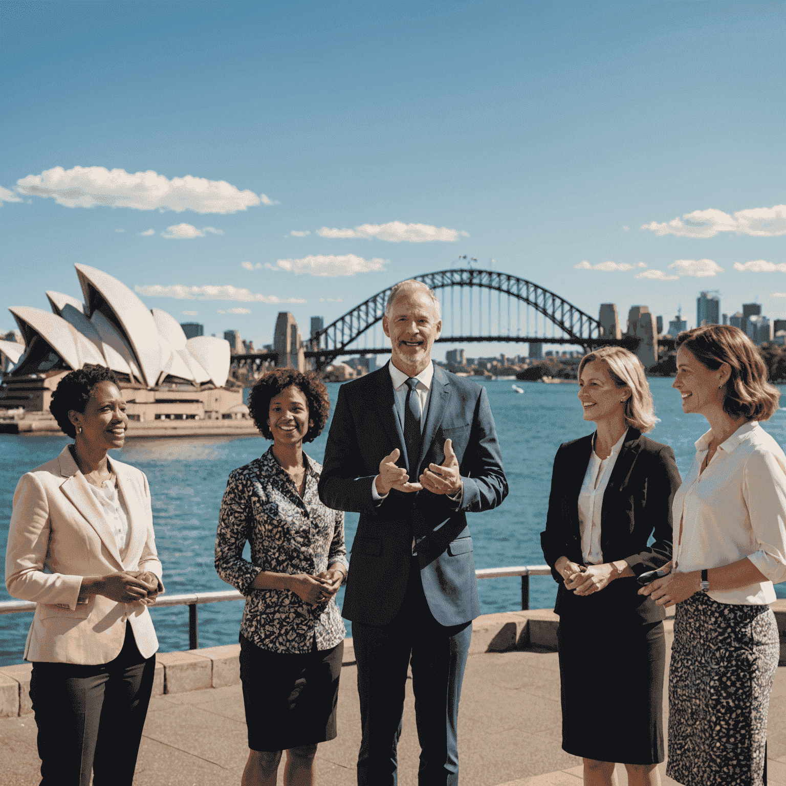 A diverse group of people practicing public speaking with an Australian accent coach, standing in front of a backdrop of iconic Australian landmarks