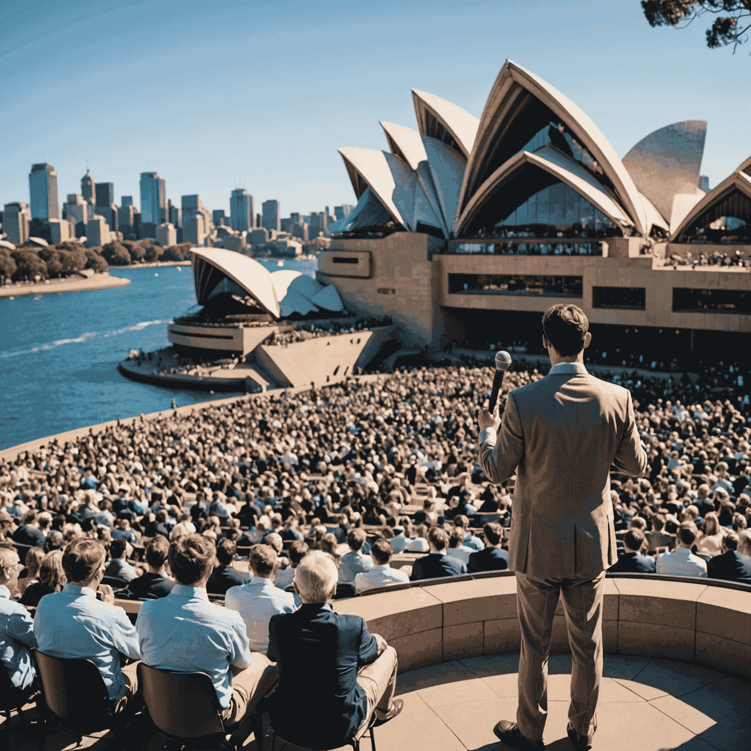 A confident Australian speaker addressing a diverse audience in a sunny, outdoor amphitheater with the Sydney Opera House visible in the background