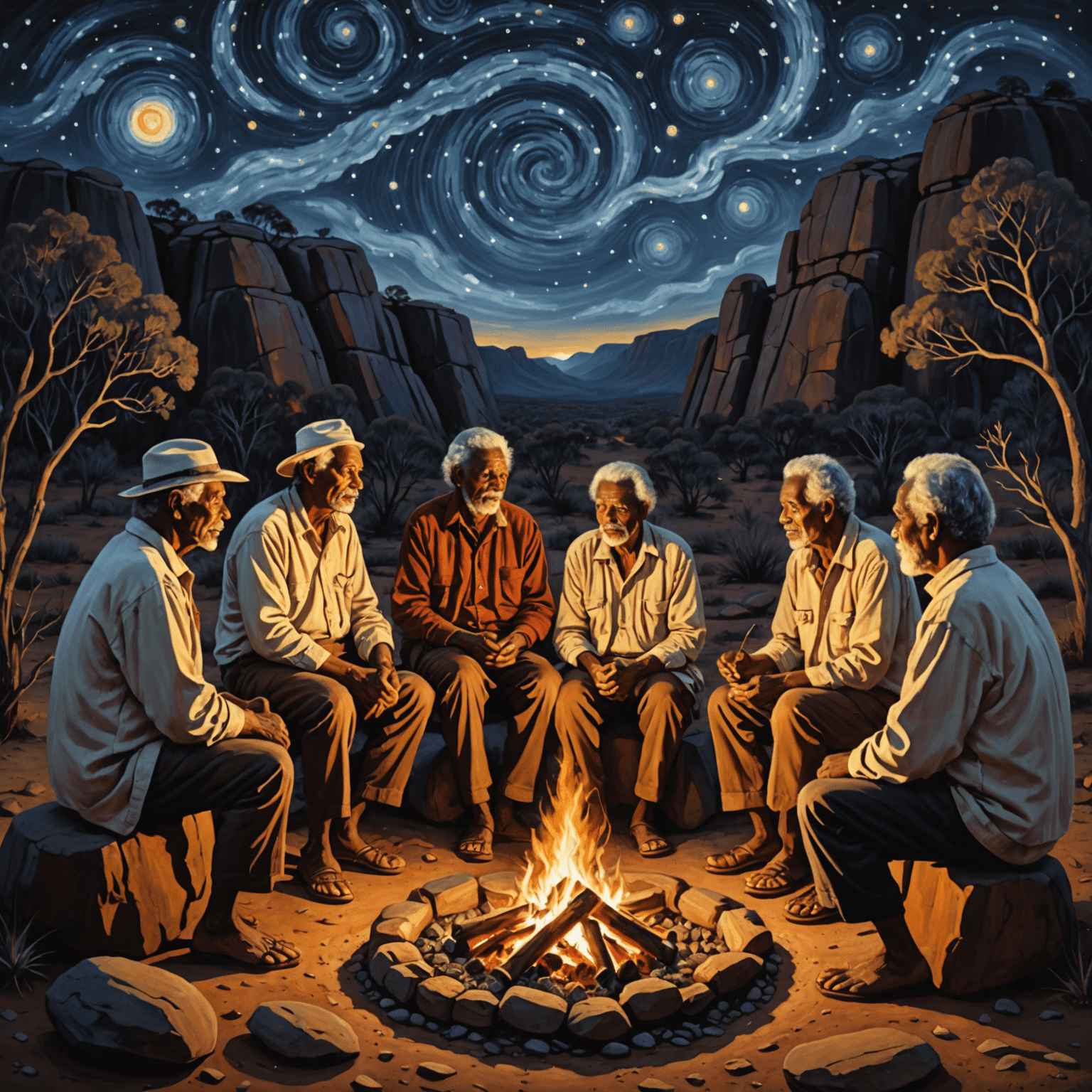 A group of Indigenous Australian elders sharing stories around a campfire, with intricate rock art visible in the background. The scene is set against a starry night sky, symbolizing the ancient wisdom being passed down through generations.
