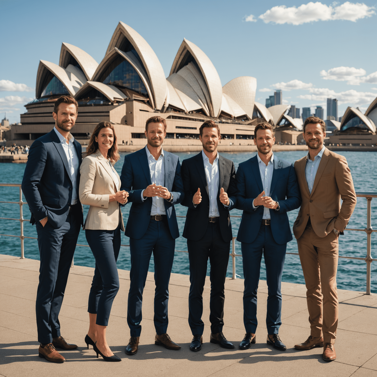 A diverse group of Australians demonstrating various body language poses in a professional setting, with Sydney Opera House visible in the background