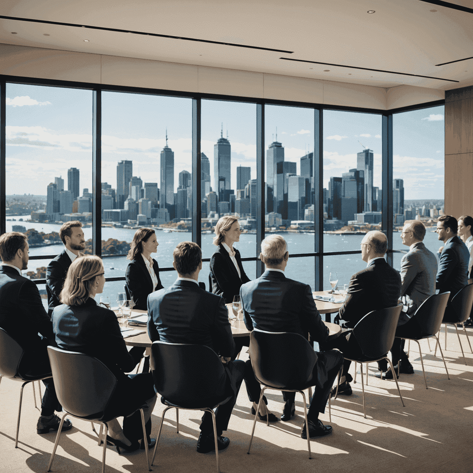 A diverse group of Australian business professionals attentively listening to a speaker at a corporate event. The scene showcases a modern conference room with Sydney's skyline visible through large windows.
