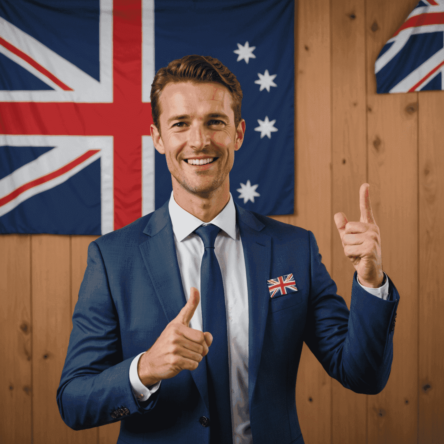 A confident speaker with an Australian flag backdrop, demonstrating proper posture and gestures while speaking with an Aussie accent