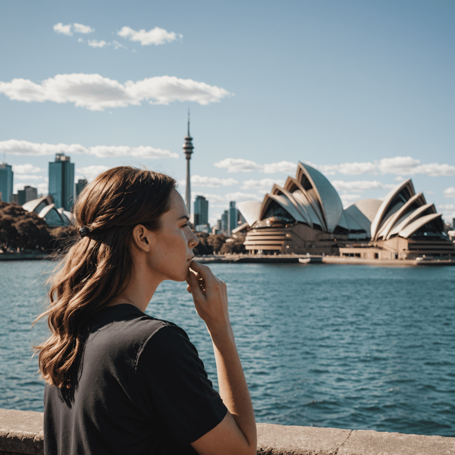 A person taking deep breaths before speaking, with iconic Australian landmarks in the background to represent the local context