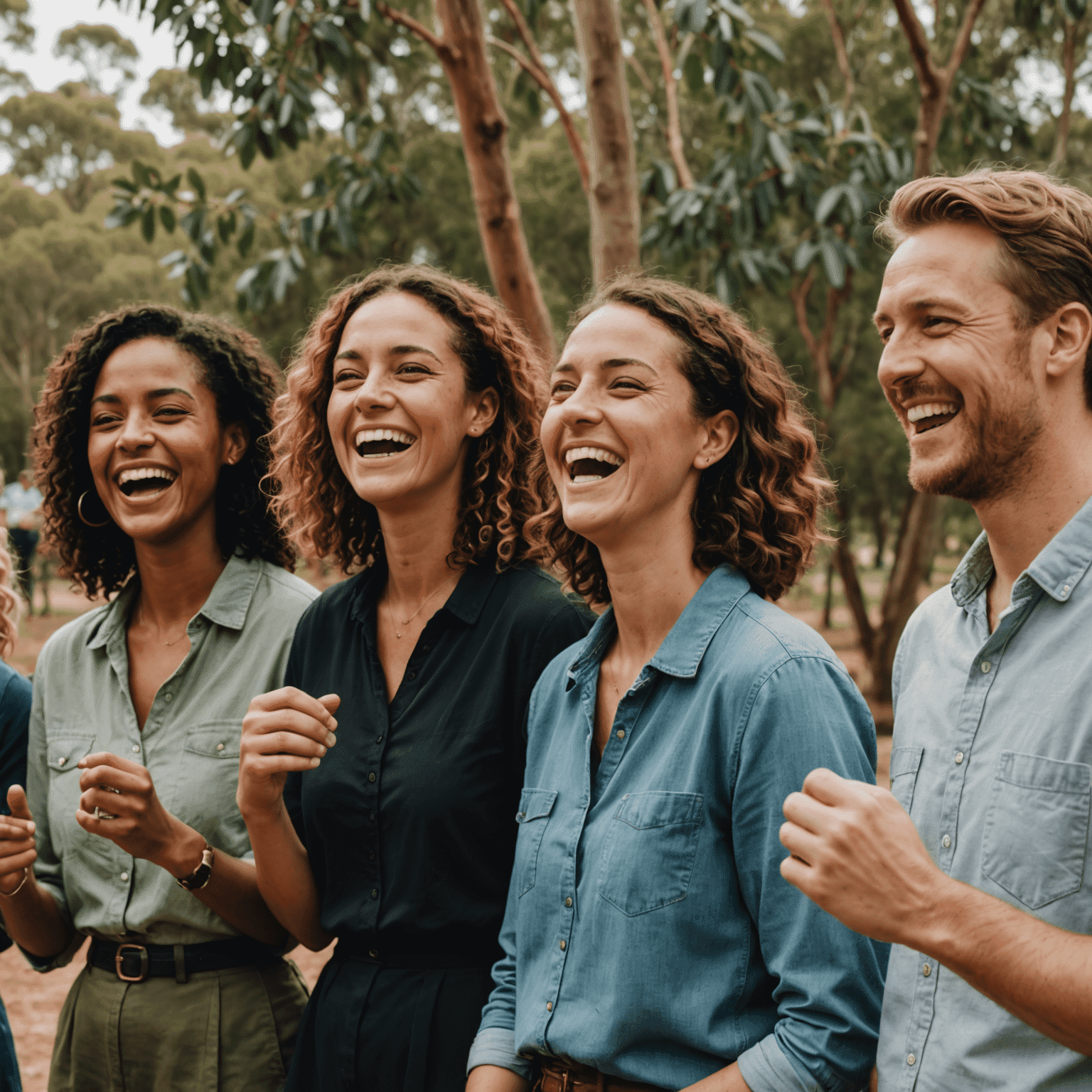 A group of diverse Australians laughing together at an outdoor speaking event, with eucalyptus trees in the background