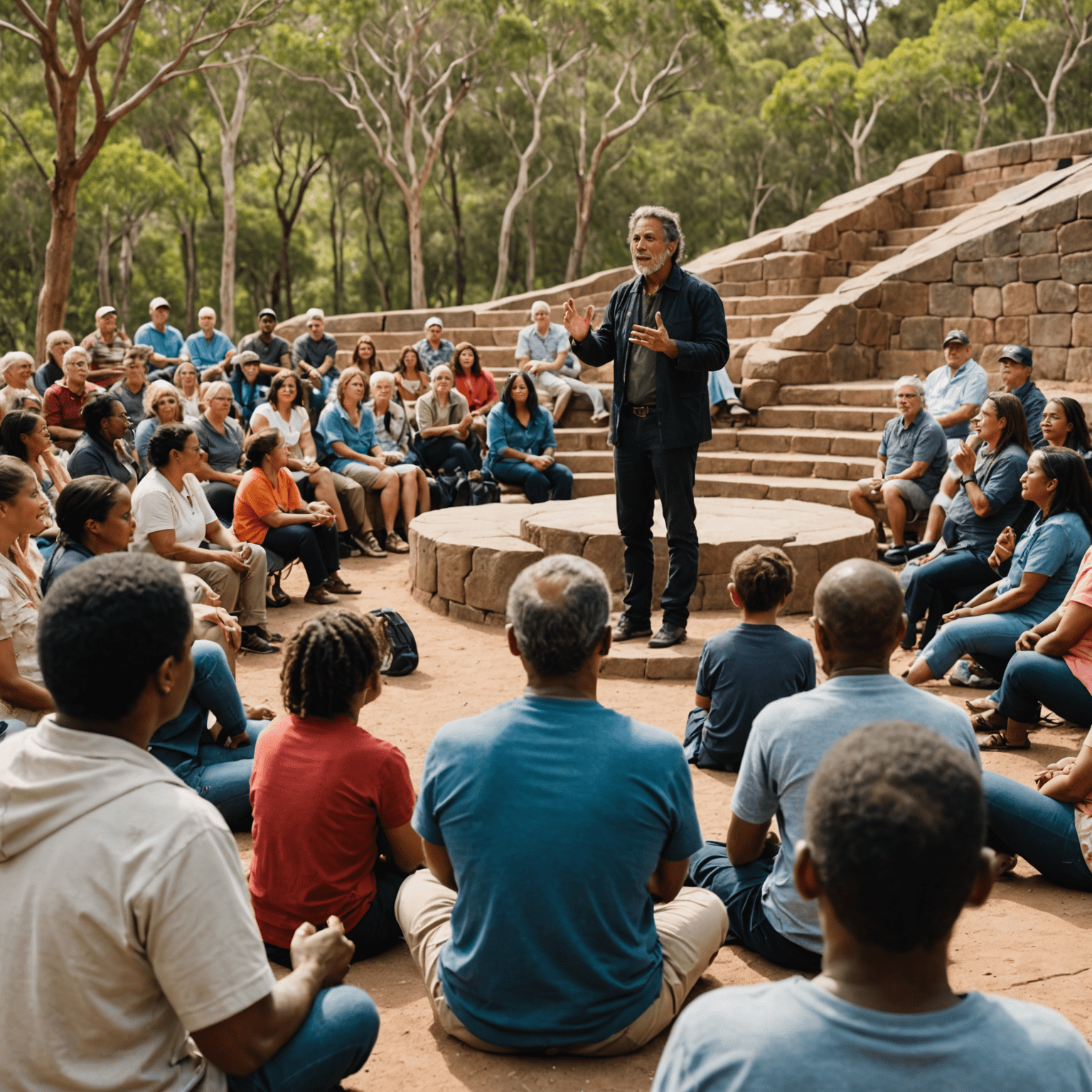 An Indigenous Australian storyteller using expressive hand gestures and body language while speaking to a diverse group of attentive listeners in an outdoor amphitheater-like setting.