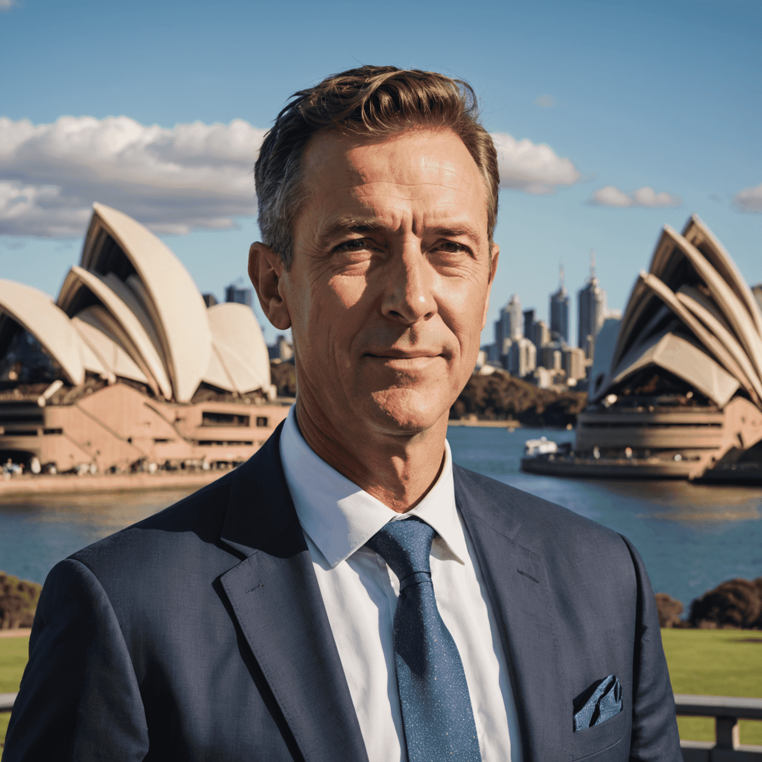 A nervous speaker transforming into a confident one, with iconic Australian landmarks in the background to represent the Aussie approach
