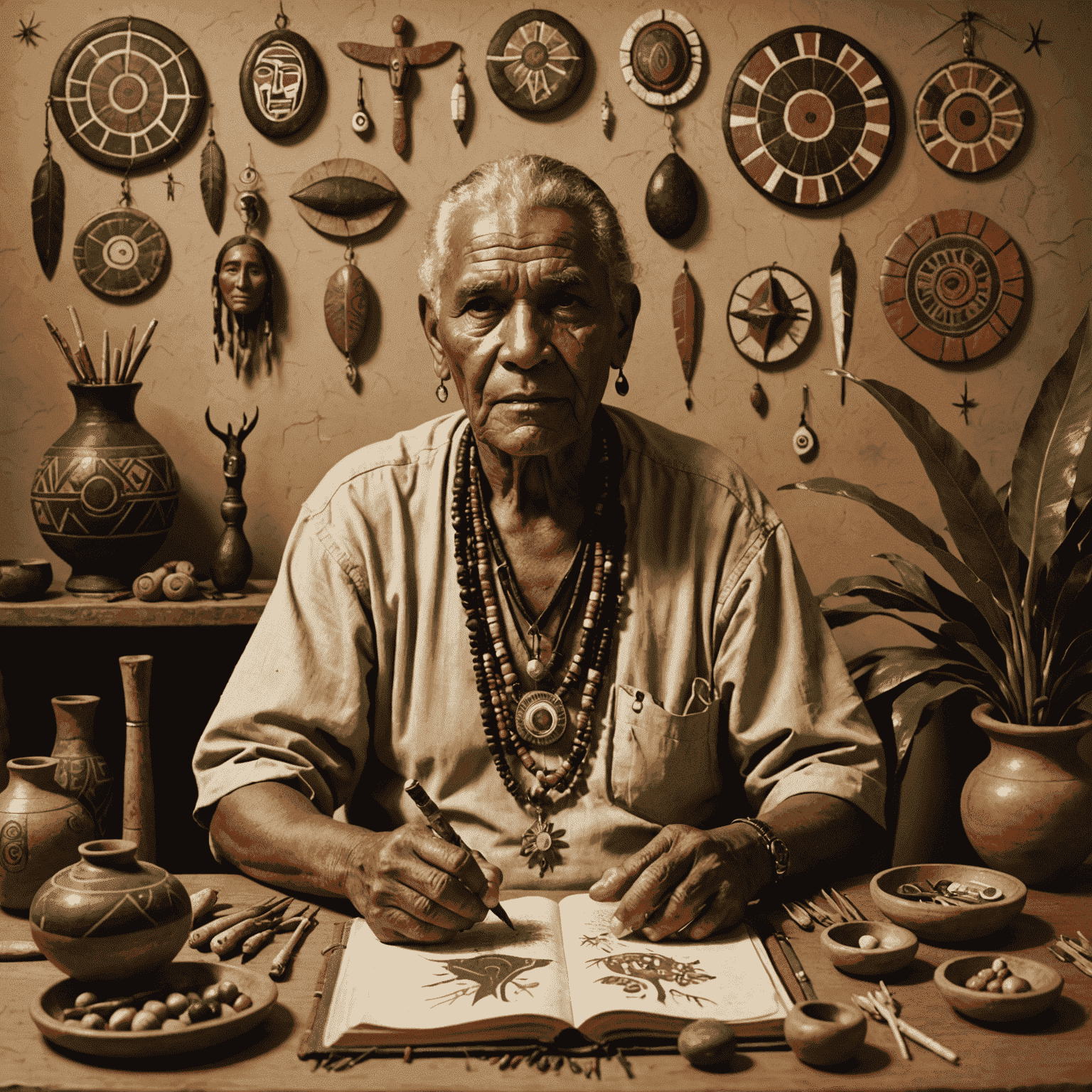An Indigenous Australian elder sharing a story, surrounded by traditional art and symbols