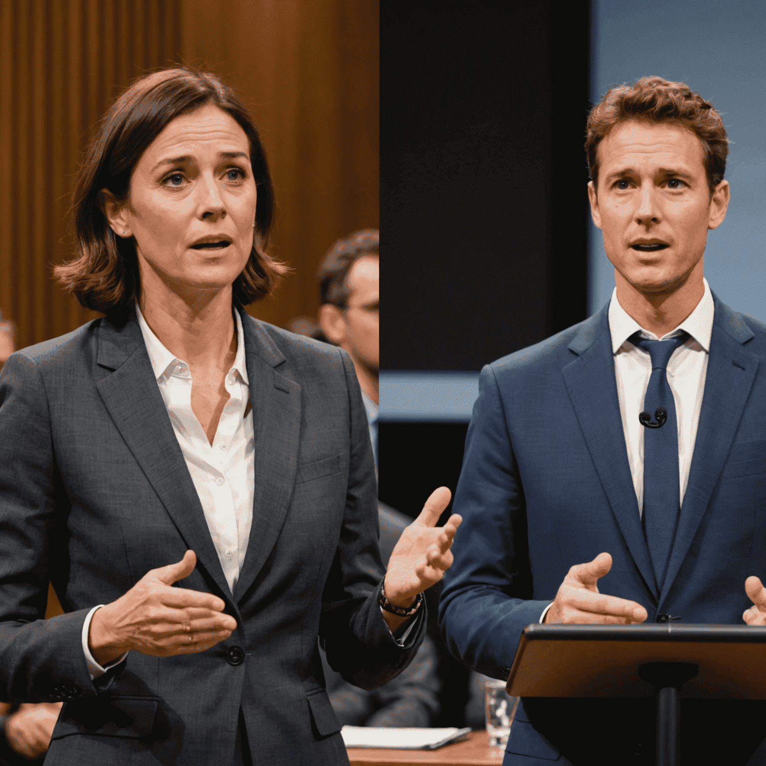 A split-screen image showing a person giving a speech with confidence, one side without Aussie accent elements and the other with, demonstrating the increased audience engagement