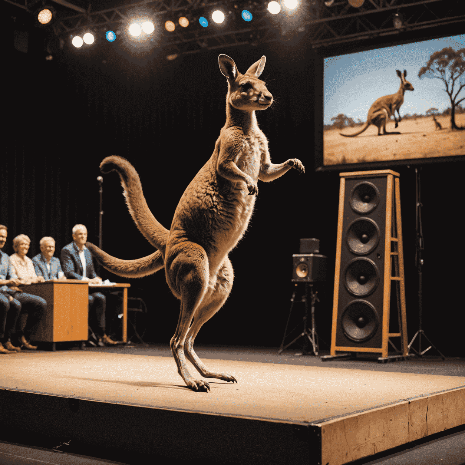 A speaker confidently handling an unexpected situation on stage, with a curious kangaroo hopping across the background