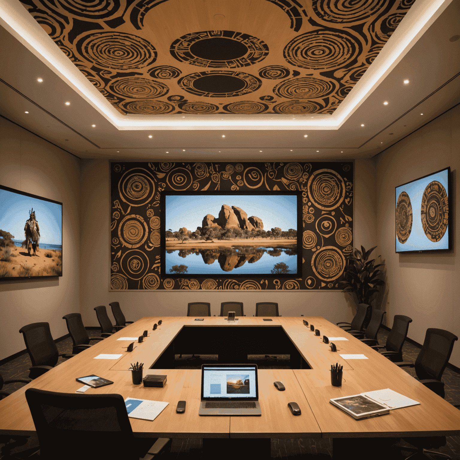 A modern conference room where a speaker is using digital projections of Indigenous Australian art and symbols to illustrate their points, blending traditional storytelling methods with contemporary presentation techniques.