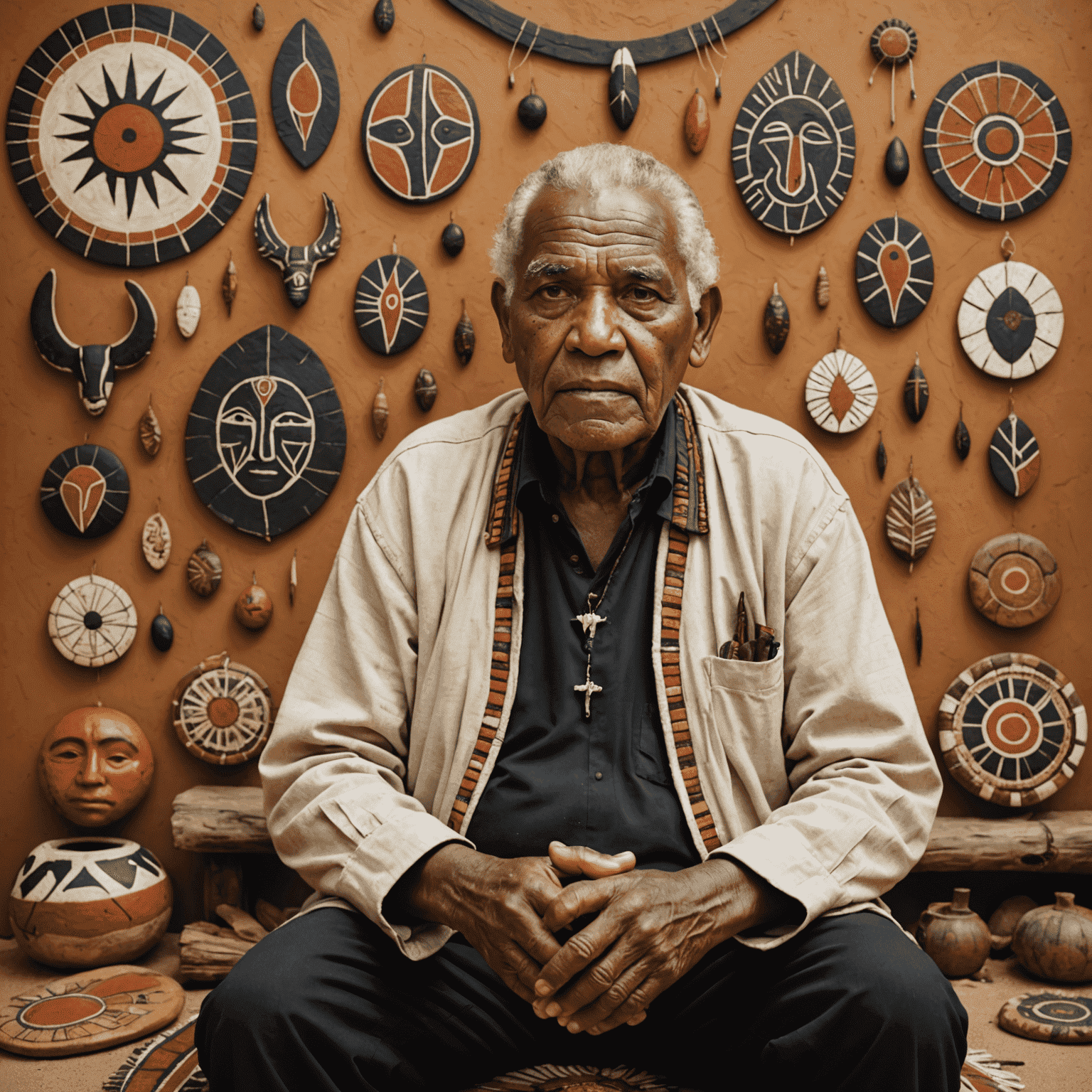 An Indigenous Australian elder sharing stories with a diverse group, surrounded by traditional Aboriginal art and storytelling symbols