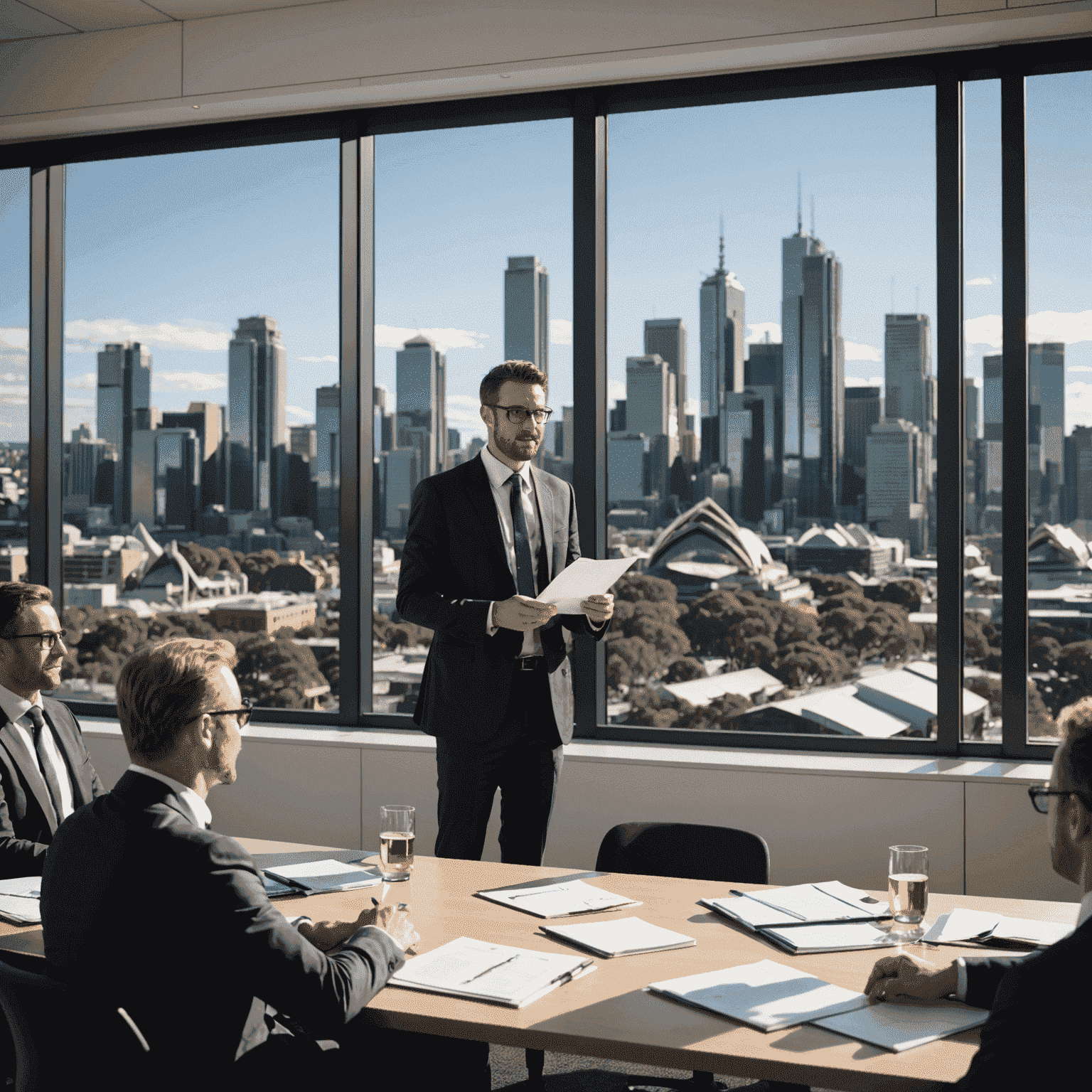 A professional giving a presentation in a modern Australian office setting, with Sydney skyline visible through the windows